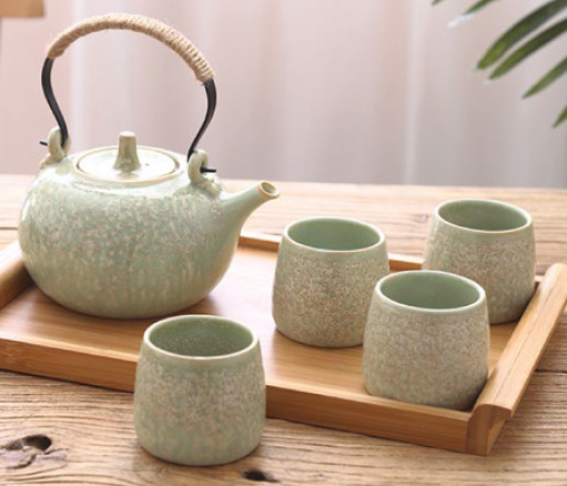 ZEN SET TETERA AQUAMARINA PORCELANA  800ml.+4 TAZAS 120ml.+BANDEJA fin de serie