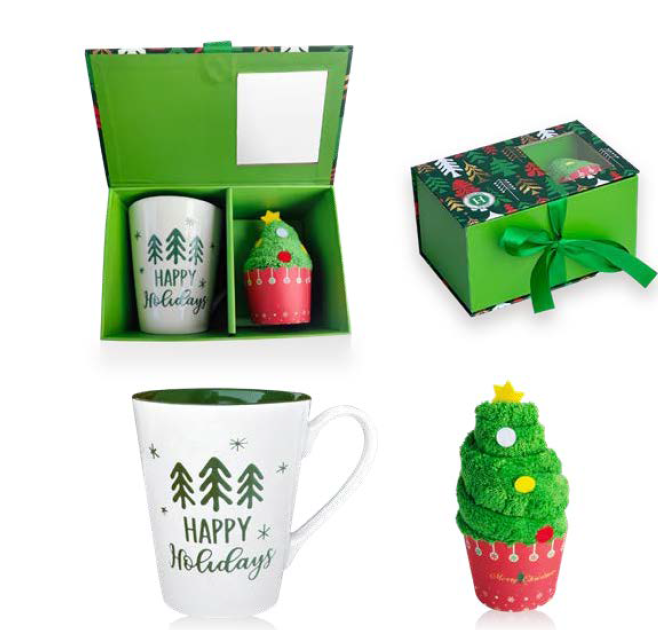 TAZA HAPPY HOLIDAYS 400 ML CON MANTEL INDIVIDUAL EN CAJA REGALO